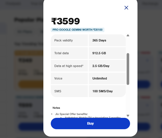 Jio का 3599 रुपये वाला प्लान