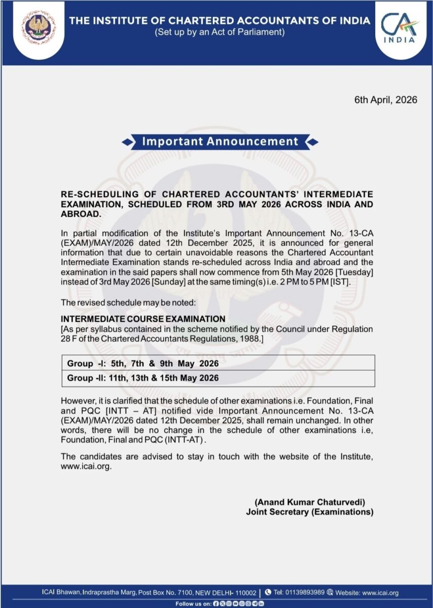 CA Inter Exam Notice