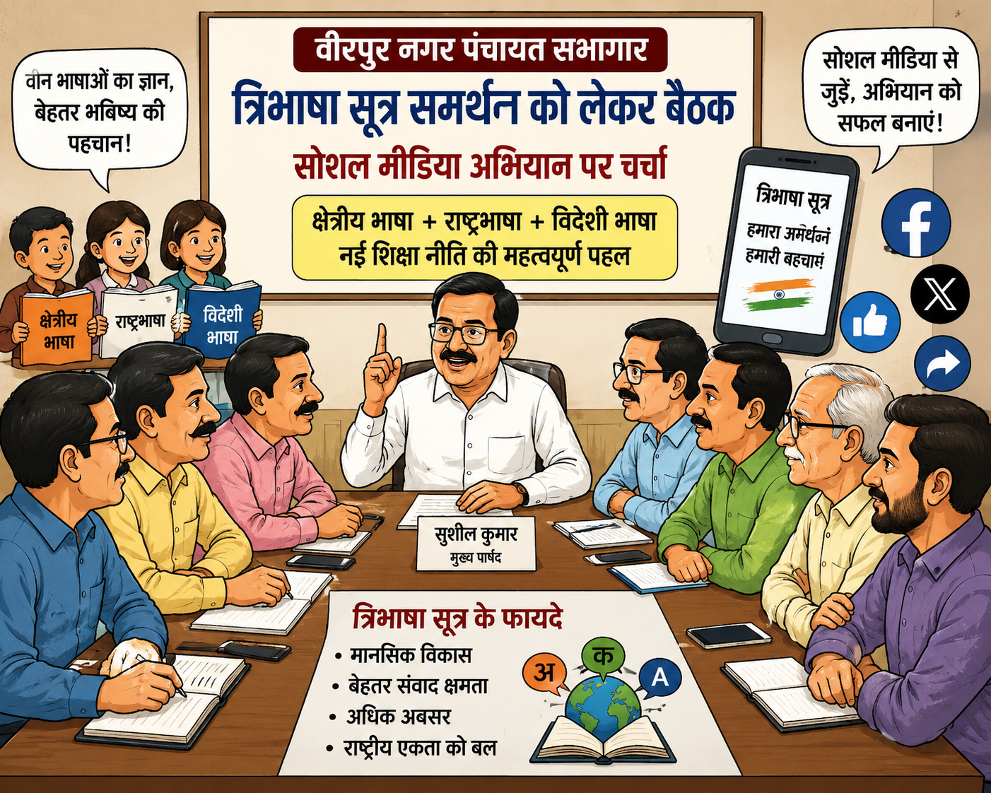 त्रिभाषा सूत्र समर्थन को लेकर वीरपुर में बैठक, सोशल मीडिया अभियान पर चर्चा