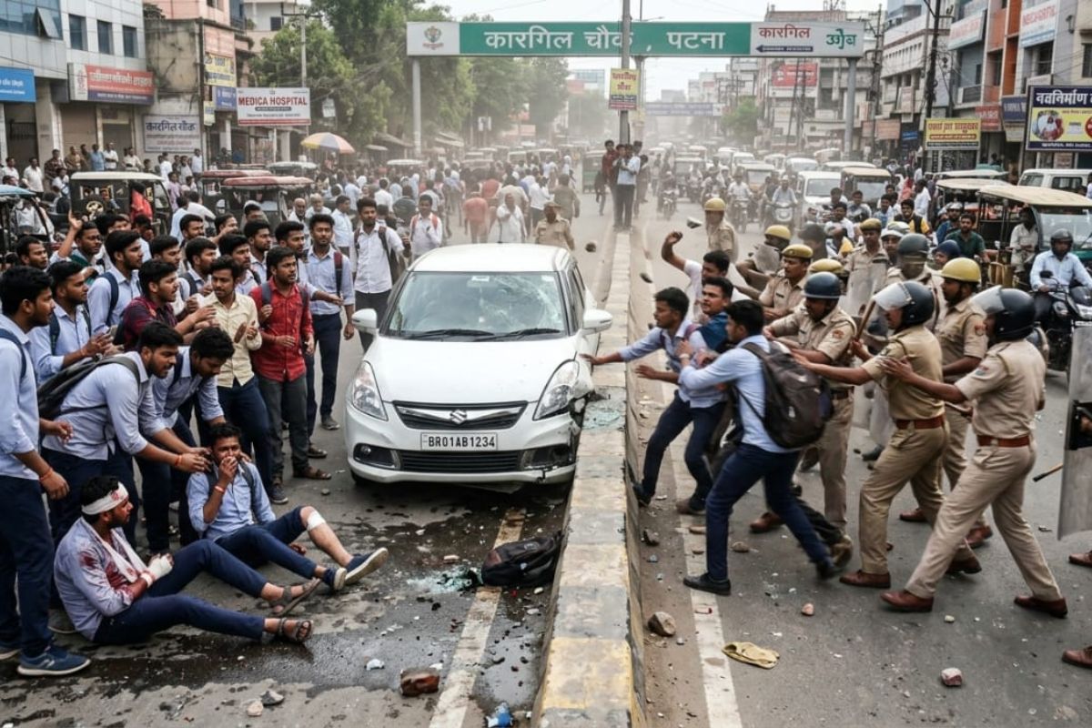 पटना में कारगिल चौक पर बवाल, गाड़ी की टक्कर के बाद छात्रों का हंगामा; मारपीट में 5 घायल, पुलिस से भी भिड़ंत