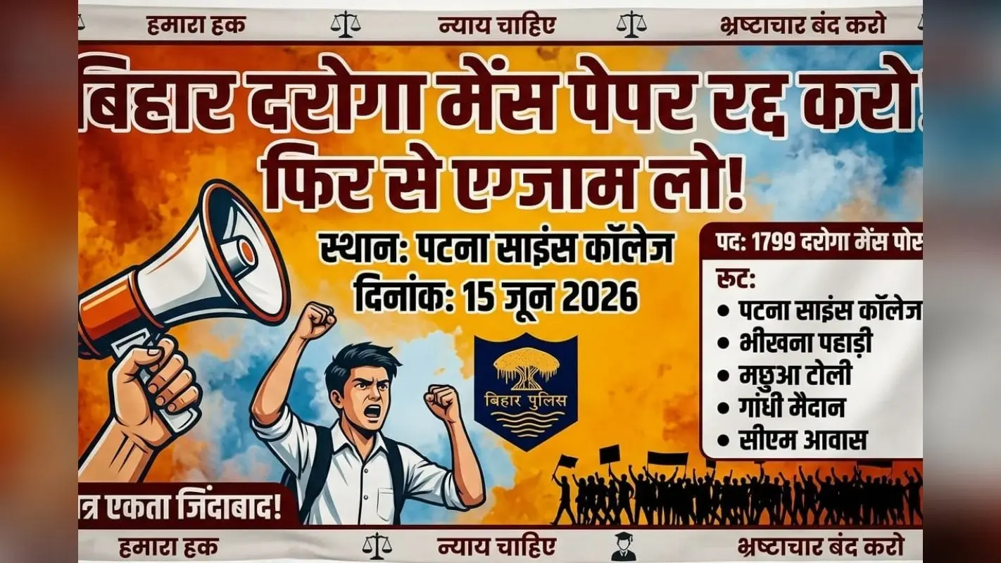 बिहार दारोगा मेन्स परीक्षा को रद्द करने की मांग तेज, आज 10 बजे पटना कॉलेज से शुरू होगा महाआंदोलन, अभ्यर्थी पहुंचेंगे CM हाउस