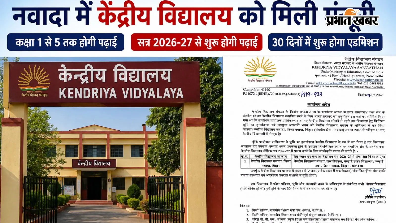 नवादा में केंद्रीय विद्यालय को मिली मंजूरी, कक्षा 1 से 5 तक होगी पढ़ाई, 30 दिनों के भीतर शुरू होगा एडमिशन