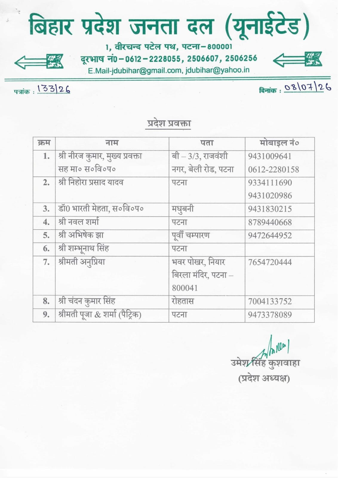 जदयू द्वारा जारी लिस्ट