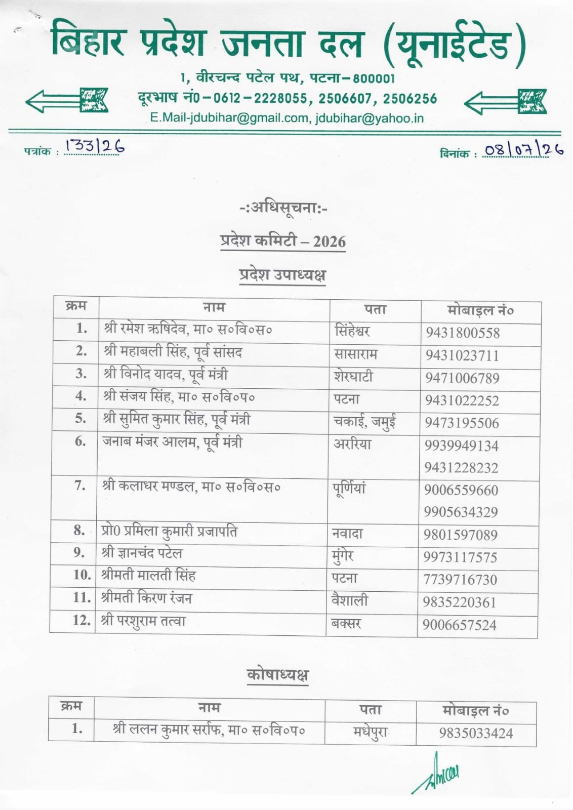 जदयू द्वारा जारी लिस्ट