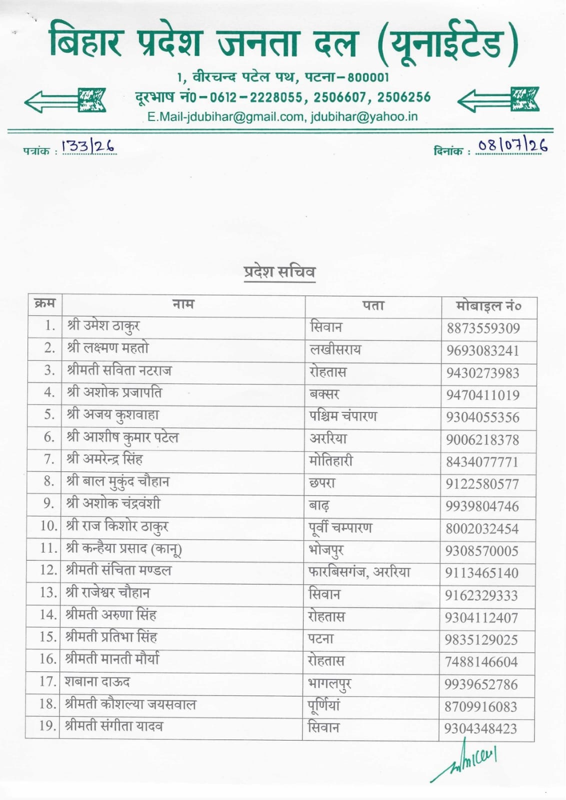 जदयू द्वारा जारी लिस्ट