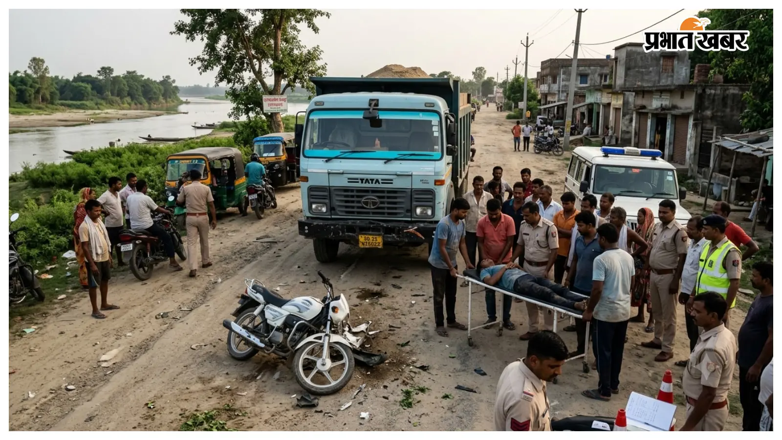 गोपलखा तटबंध पर ट्रक और बाइक की टक्कर, युवक गंभीर घायल