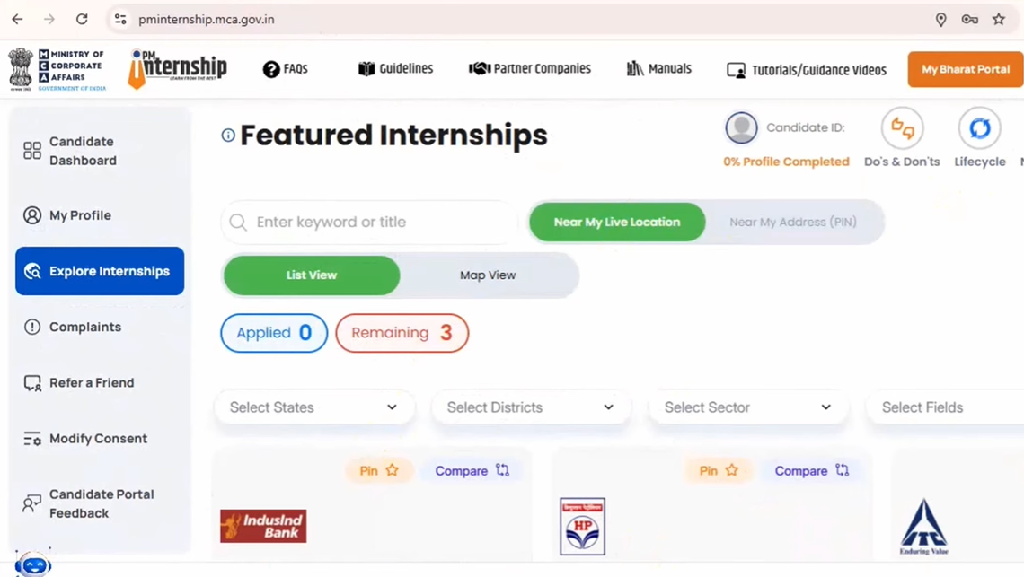 PM Internship Scheme Online Application Page 