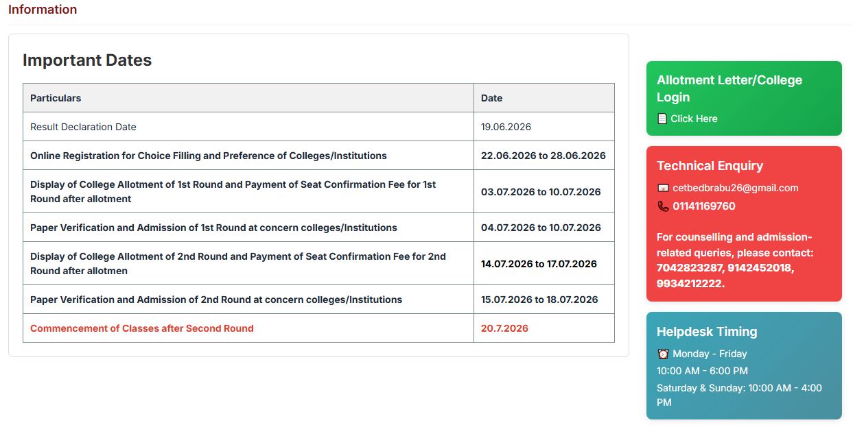 Bihar CET BEd 2026 Important Dates