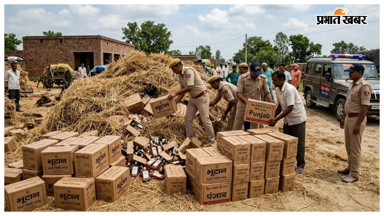 भूसे के ढेर से निकली ''भूटान और पंजाब'' मार्का विदेशी शराब, 128 कार्टन जब्त