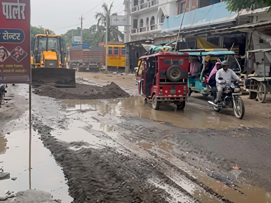 गोपालगंज: मीरगंज थाना गेट से 100 मीटर आगे सड़क बनी मुसीबत, जलजमाव में फंसे वाहन, कई बाइक सवार गिरे