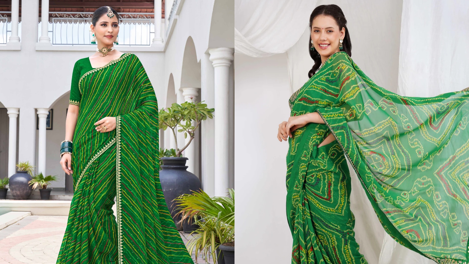 Leheriya And Bandhani Green Saree