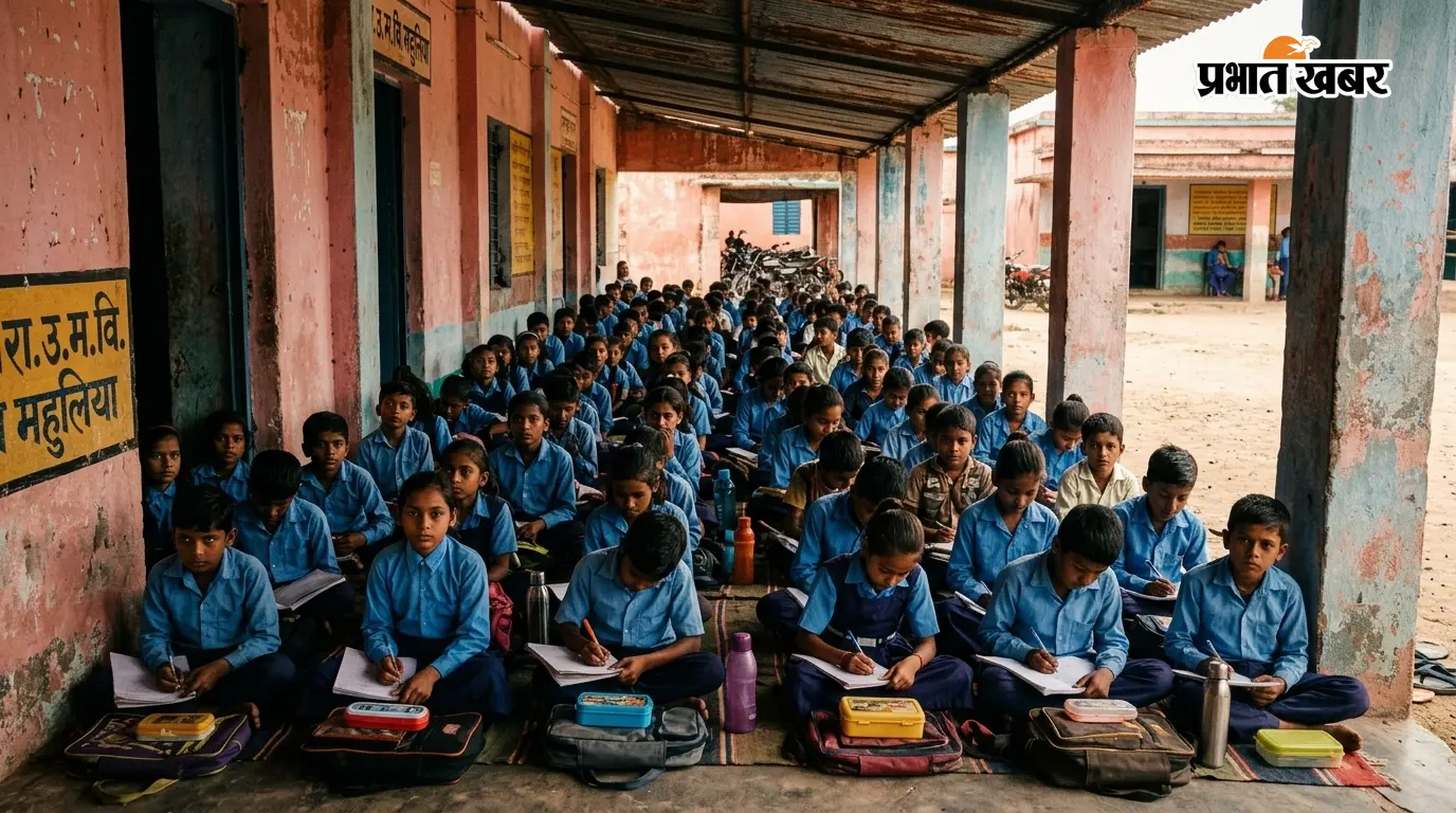 लदनियां: यूएमएस महुलिया में भवन की कमी, बरामदे में पढ़ने को मजबूर 500 बच्चे