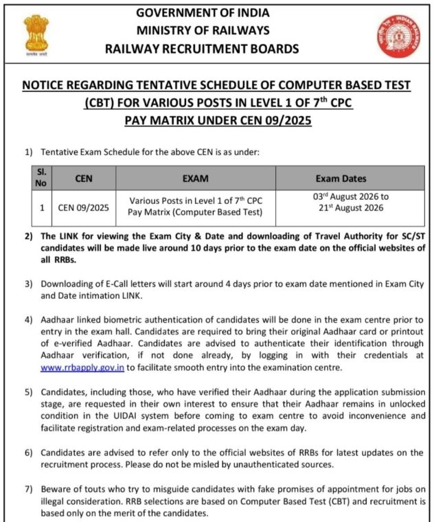 RRB Group D Exam Notice