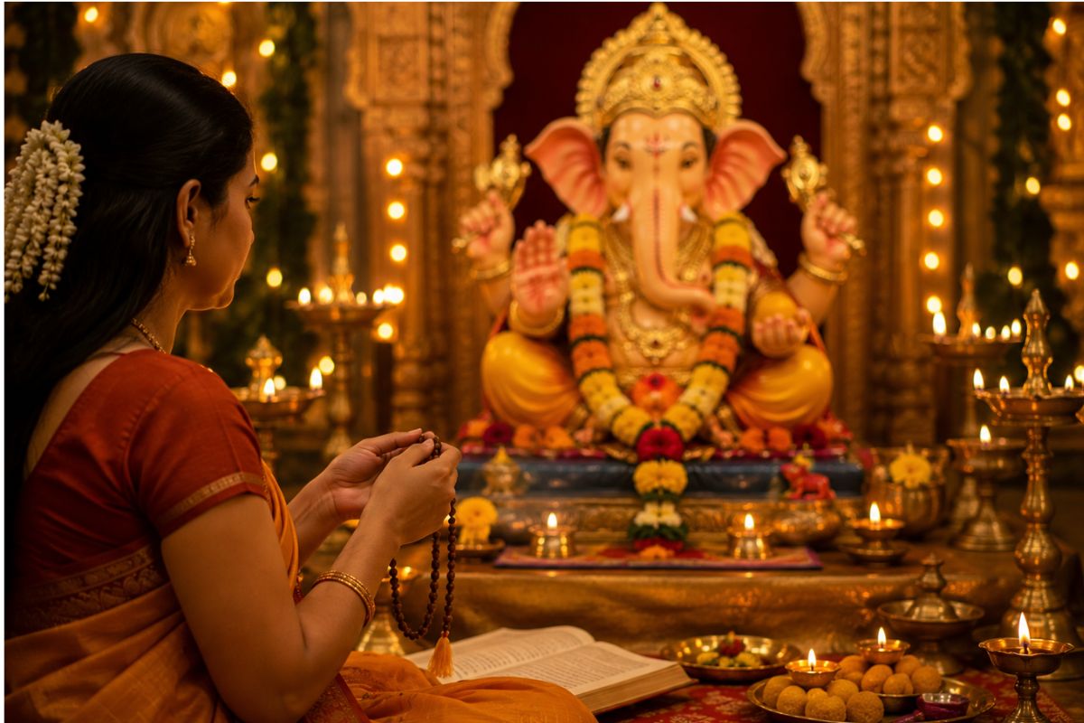 भगवान गणेश की पूजा करती हुई महिला की एआई तस्वीर