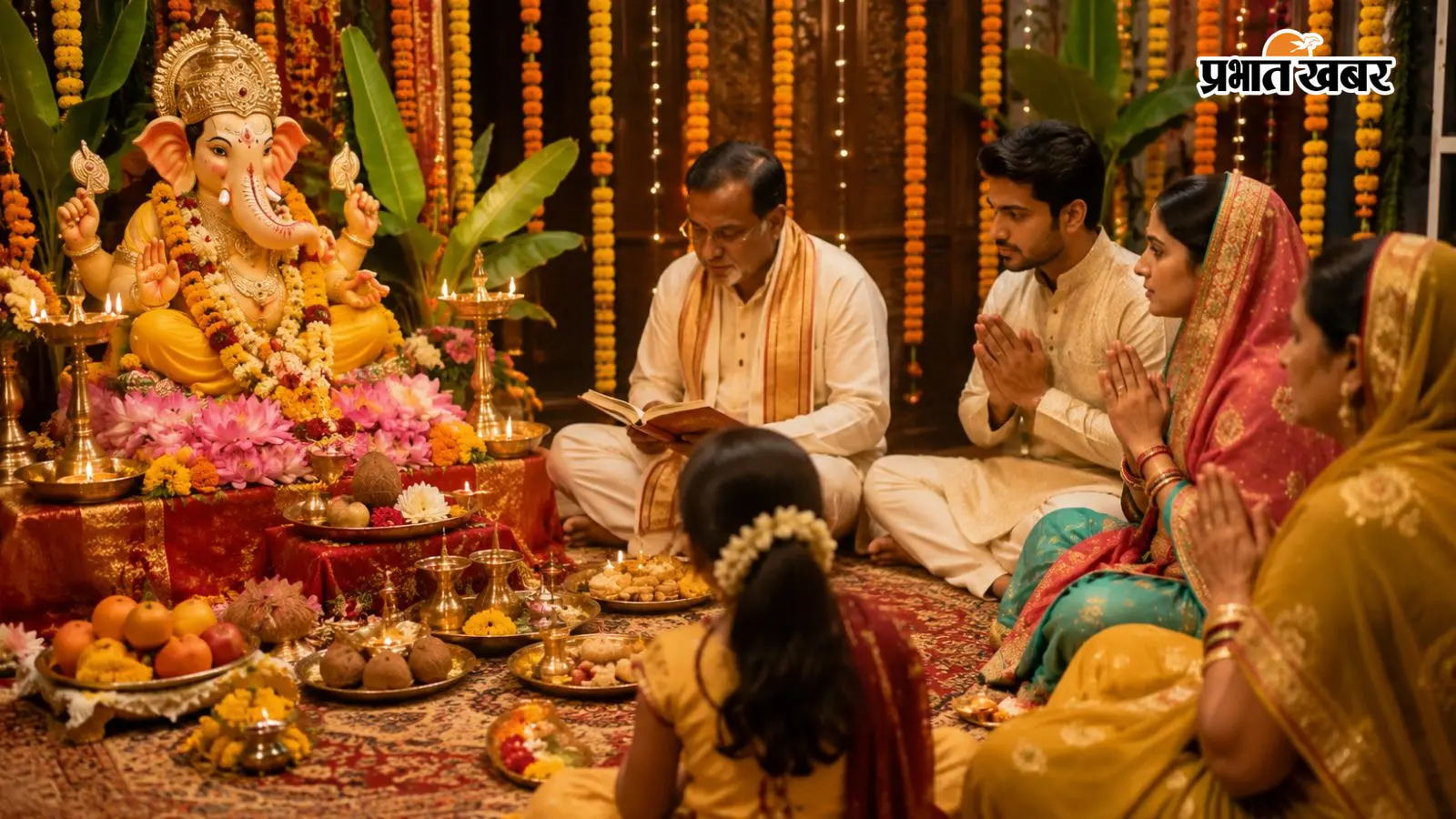 भगवान गणेश के सामने व्रत कथा का पाठ करते और सुनते हुए श्रद्धालुओं की तस्वीर (एआई) भगवान गणेश के सामने व्रत कथा का पाठ करते और सुनते हुए श्रद्धालुओं की तस्वीर (एआई)