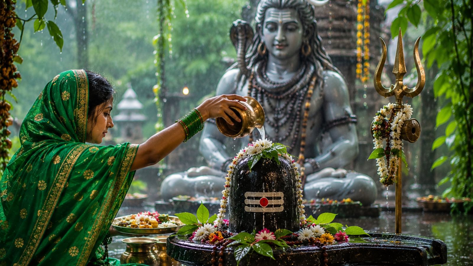 शिवलिंग पर जल चढ़ाते हुए महिला की सांकेतिक तस्वीर (एआई)