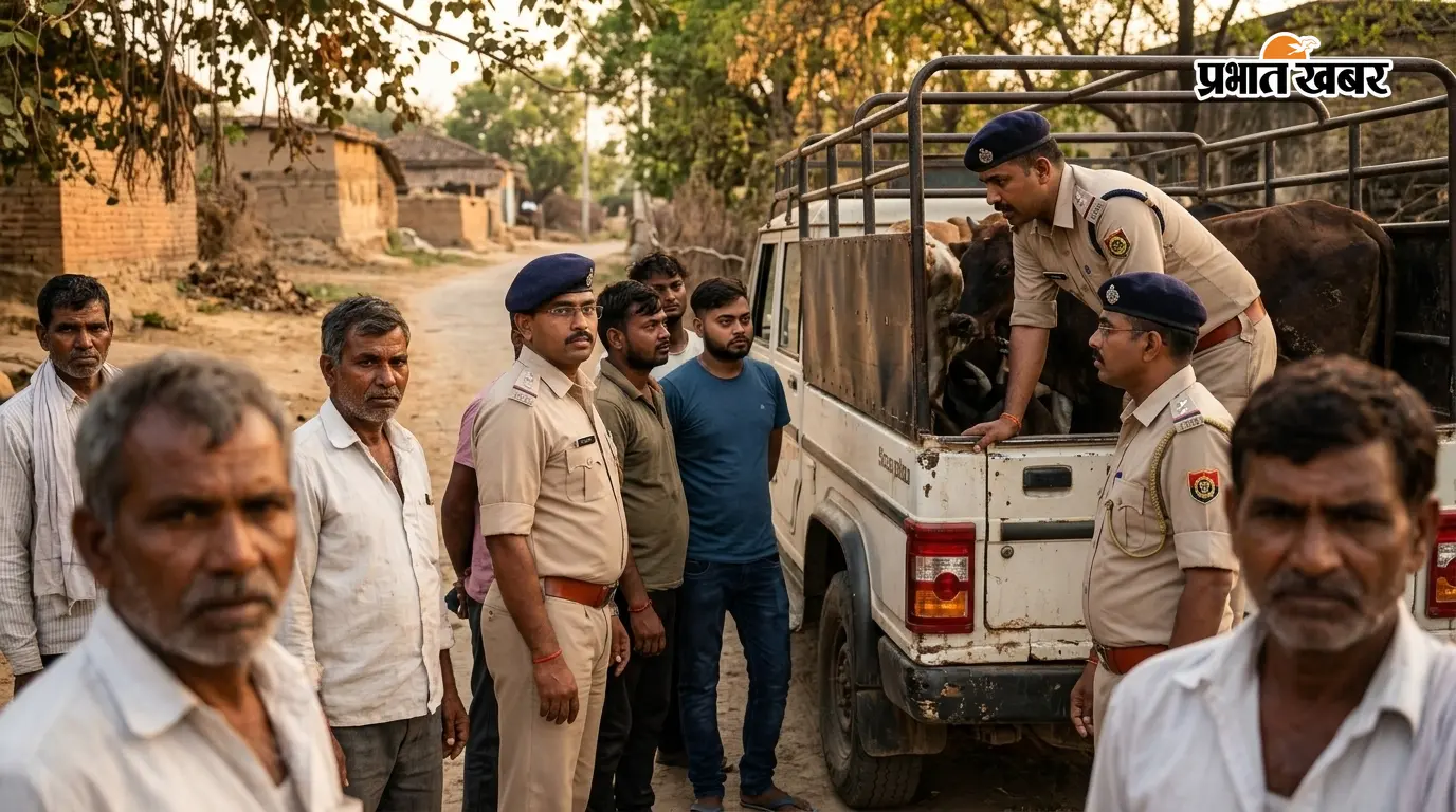 पशु तस्करी के शक में ग्रामीणों ने पिकअप सवार पांच लोगों को पकड़ा, पुलिस ने कराया रेस्क्यू