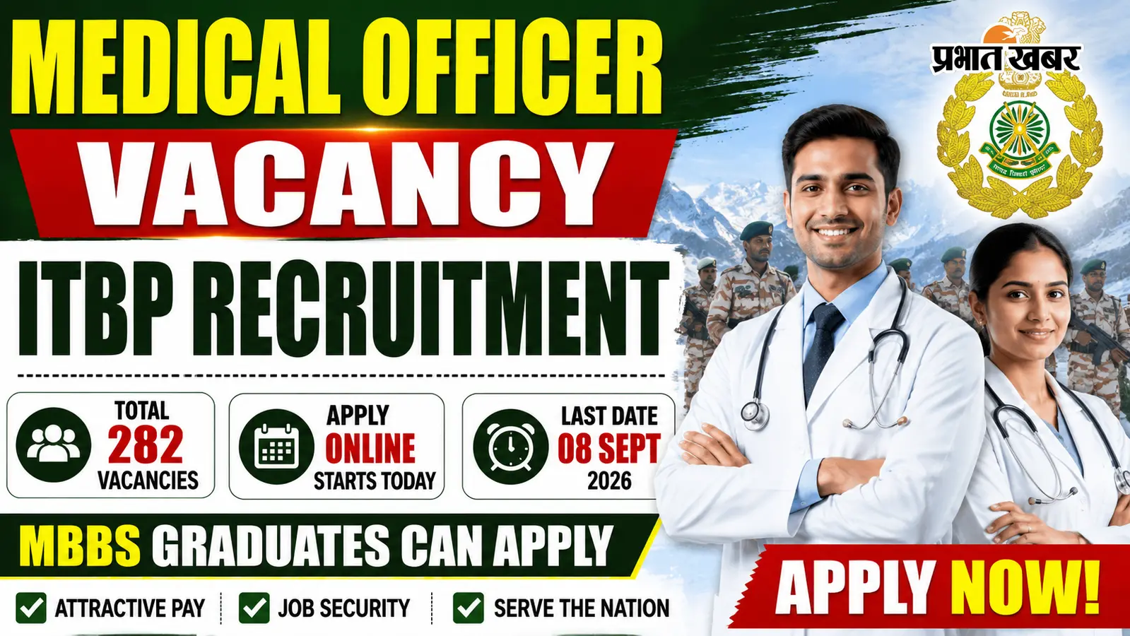 MBBS ग्रेजुएट के लिए ITBP में 282 भर्ती, आज से शुरू आवेदन
