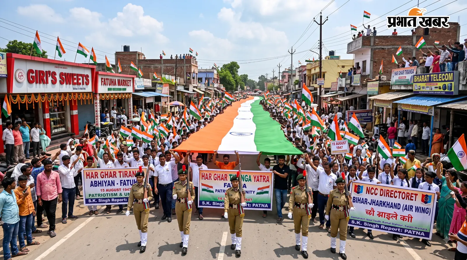 पटना के फतुहा में ‘हर घर तिरंगा’ अभियान के तहत 105 फुट लंबे विशाल तिरंगे के साथ भव्य यात्रा निकाली गयी. एनसीसी कैडेटों और युवाओं ने हाथों में राष्ट्रध्वज थामकर देशभक्ति व राष्ट्रीय एकता का संदेश दिया. देखिए पटना के फतुहा से एसके सिंह की भेजी गई तस्वीरें...