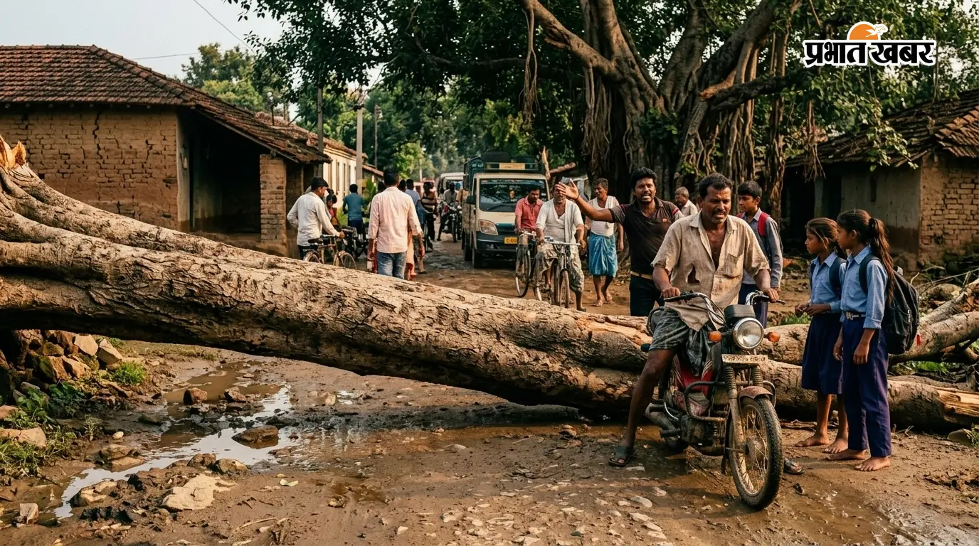 गिरिडीह-जामताड़ा मुख्य मार्ग पर छह दिन से पड़ा है बरगद का तना, राहगीर परेशान