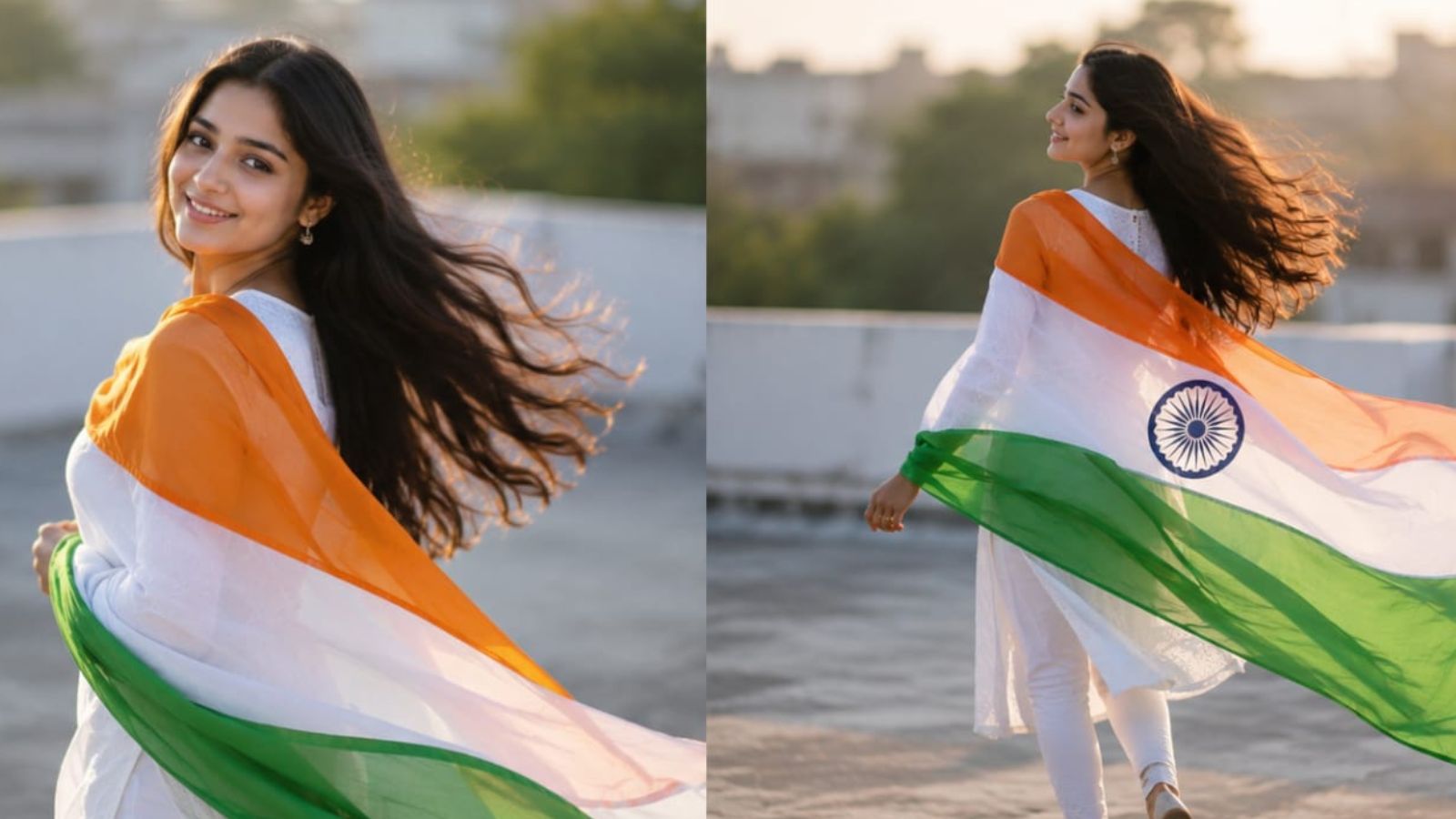 तिरंगे के रंगों वाला दुपट्टा लेकर पोज दें, Pc - Ai