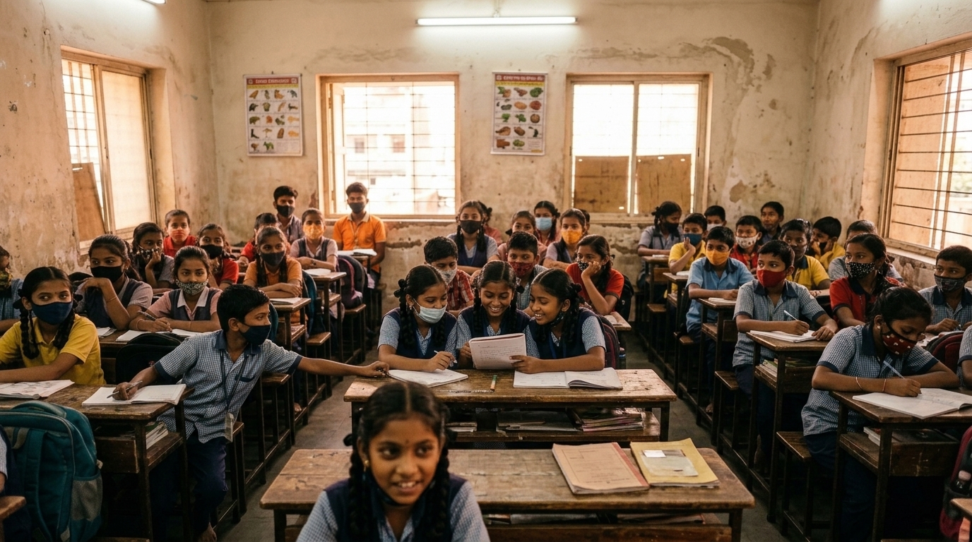 बच्चों से भरा क्लास, शिक्षक गायब (AI जेनरेटेड)