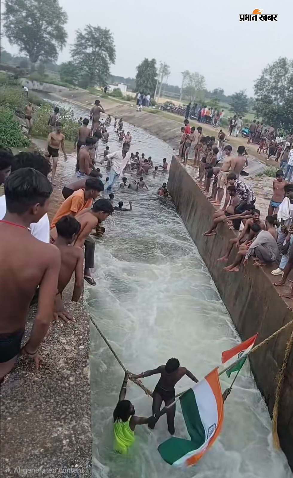 फोटो :- 1.नहर में डूबते हुए बच्चे व किनारे पर खड़ा बच्चों का झुंड 2. नहर में स्टंट के लिए रस्सी पर बैठे युवक | Prabhat Khabar Network
