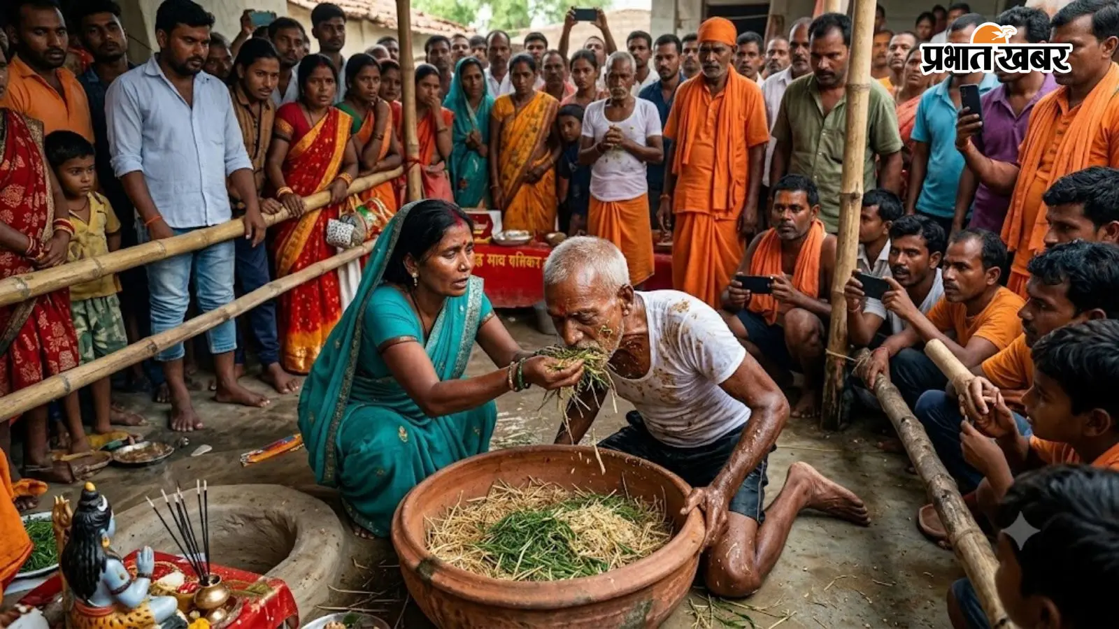 नांद में चारा खाने लगे 70 साल के बुधिराम, ग्रामीण बोले- शरीर में आते हैं ‘महिषासुर’, VIDEO वायरल