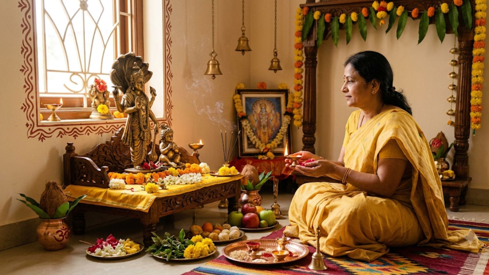 भगवान विष्णु की पूजा करते हुए महिला की सांकेतिक तस्वीर (एआई)
