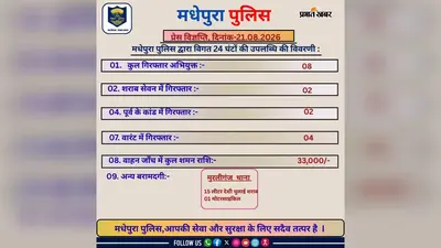 मधेपुरा: अपराध और शराब के खिलाफ पुलिस की ताबड़तोड़ कार्रवाई, 24 घंटे में 8 गिरफ्तार; देसी शराब व बाइक जब्त