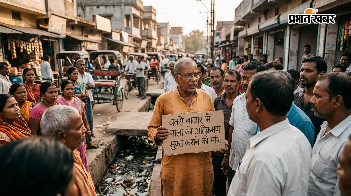 चतरो बाजार में नाला को अतिक्रमण मुक्त कराने की मांग, जाम लगने से होती है परेशानी