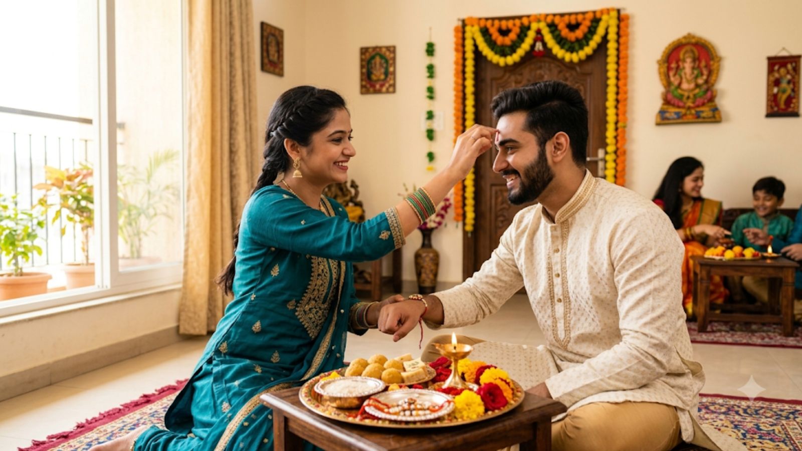 भाई को तिलक लगाते हुए बहन की सांकेतिक तस्वीर (एआई)