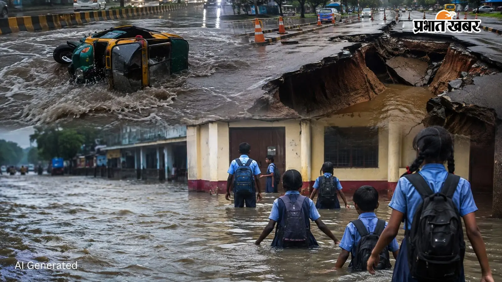 UP में बारिश बनी मुसीबत: लखनऊ के गोमती नगर में धंसी सड़क, गाजियाबाद में बह गया ऑटो ,प्रयागराज की स्कूलों में घुसा पानी