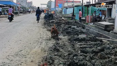 हनवारा में नाली निर्माण की खुदाई के बाद सड़क किनारे छोड़ी मिट्टी,उड़ती धूल से राहगीर परेशान