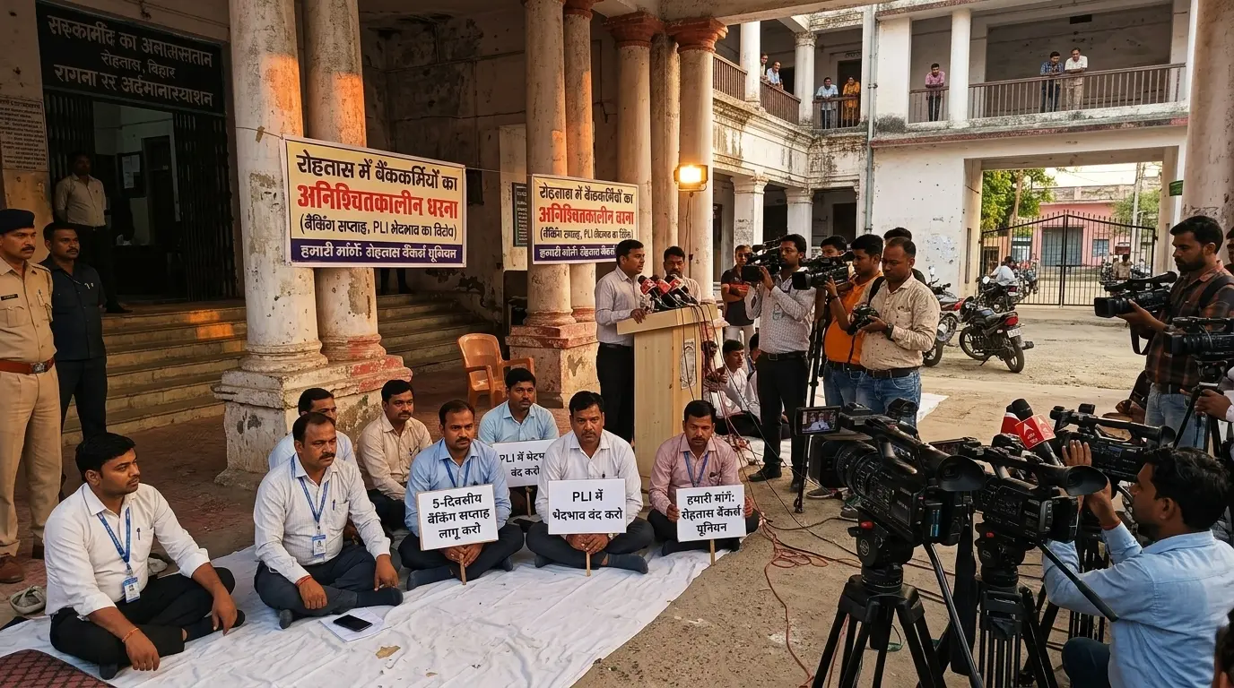 रोहतास में पांच दिवसीय बैंकिंग सप्ताह की मांग को लेकर बैंककर्मियों का धरना, PLI में भेदभाव का भी जताया विरोध