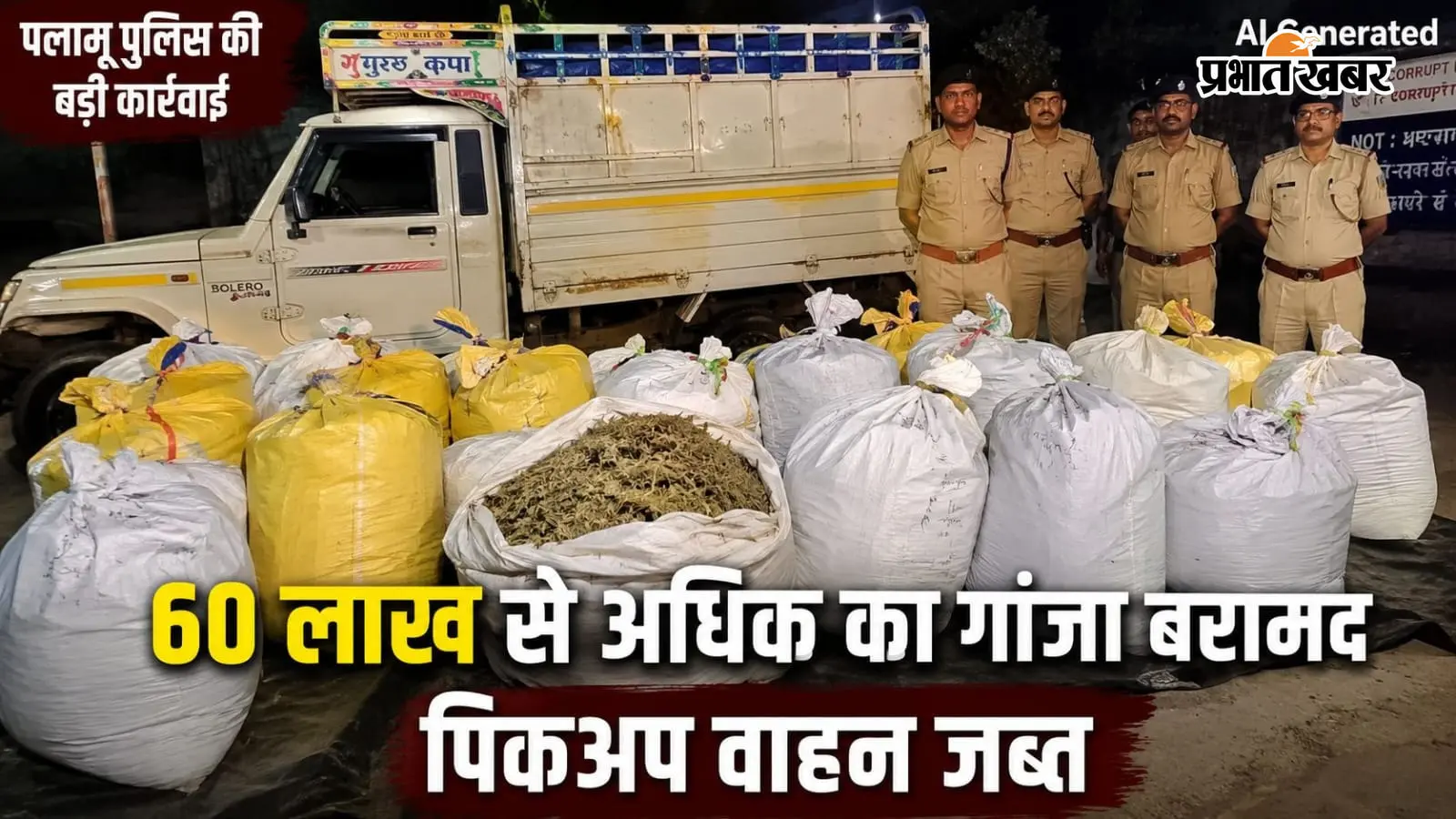 पलामू: नौडीहा बाजार में 60 लाख का गांजा बरामद, पिकअप जब्त