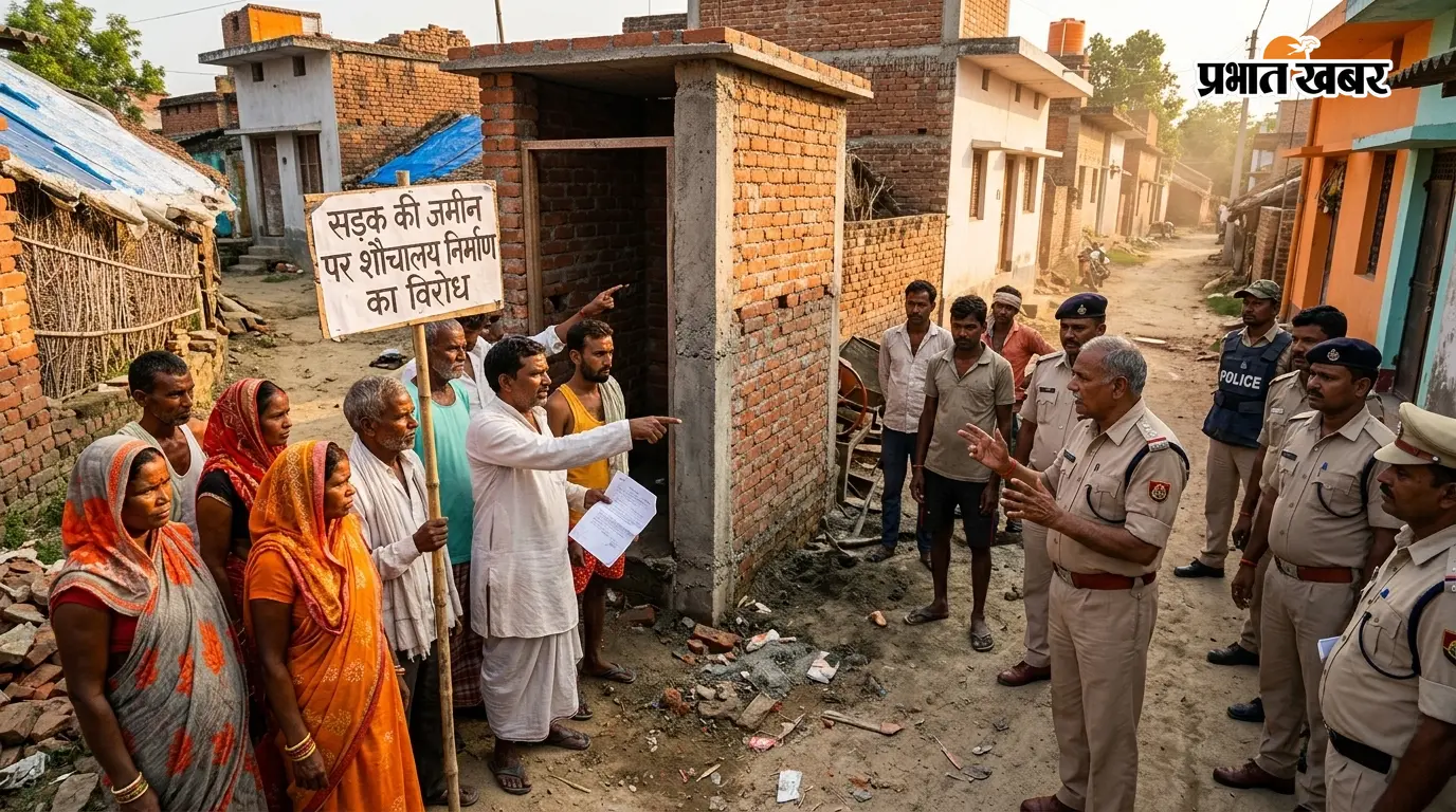 सड़क की जमीन पर शौचालय निर्माण का ग्रामीणों ने किया विरोध, पुलिस बुलाकर रुकवाया काम