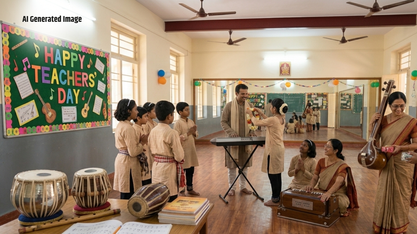 म्यूजिक क्लास में स्टूडेंट्स और टीचर 