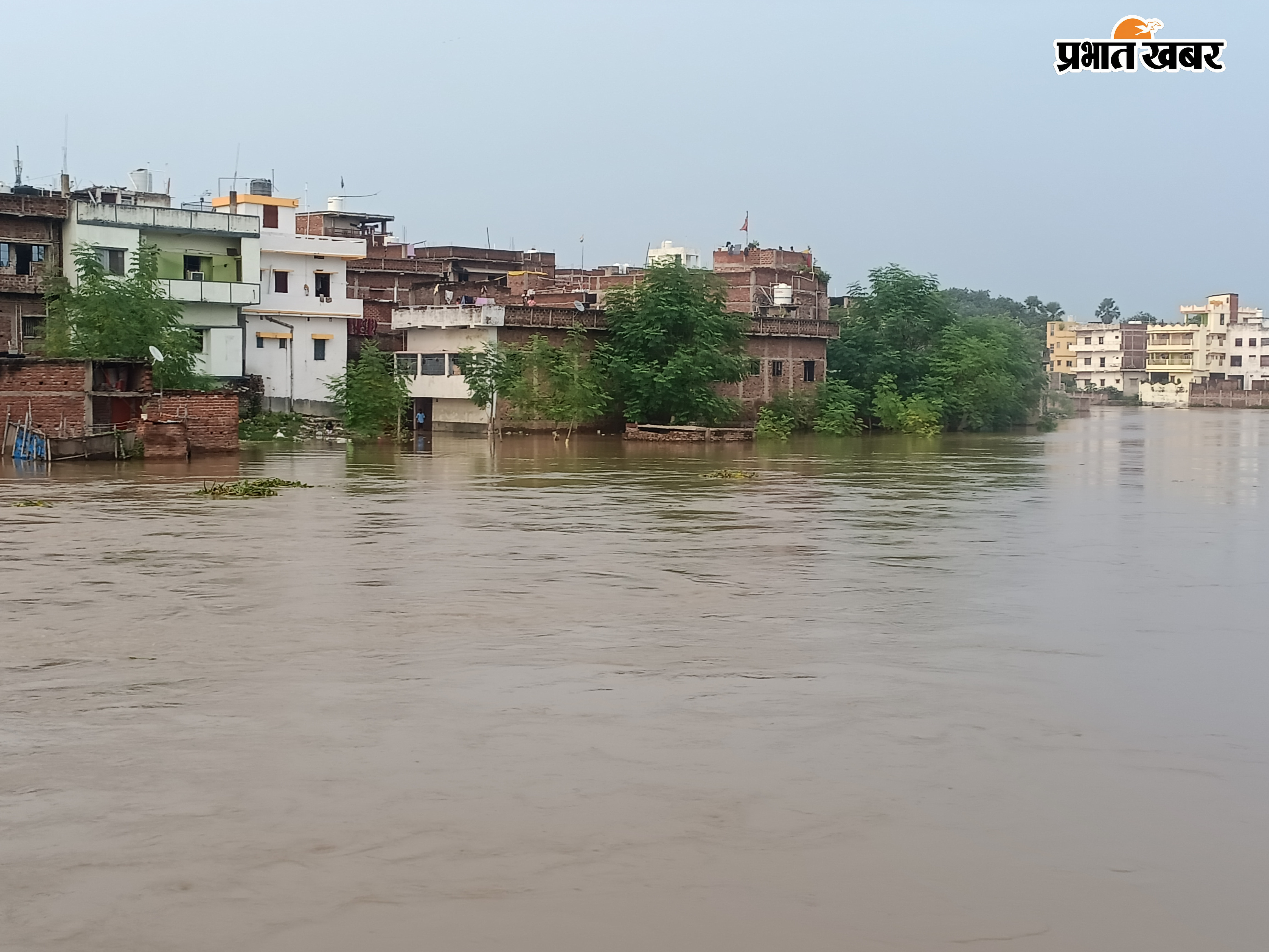 नदी के बाढ़ के पानी में डूबी जाफरगंज की रेलिंग होरिलगंज में सड़क पर बह रहे हैं पानी से होकर आती जाती महिलाएं और बच्चे बाढ़ के पानी में डूबा शहर का निचला इलाका | Prabhat Khabar Network