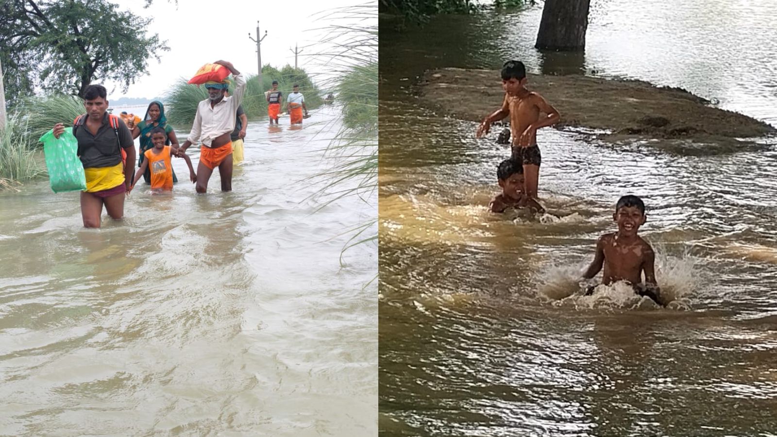 शाहपुर के गौरा-बहोरनपुर पथ पर बाढ़ का पानी पार करते लोग और बाढ़ के पानी में नहाते बच्चे. फोटो - प्रभात खबर