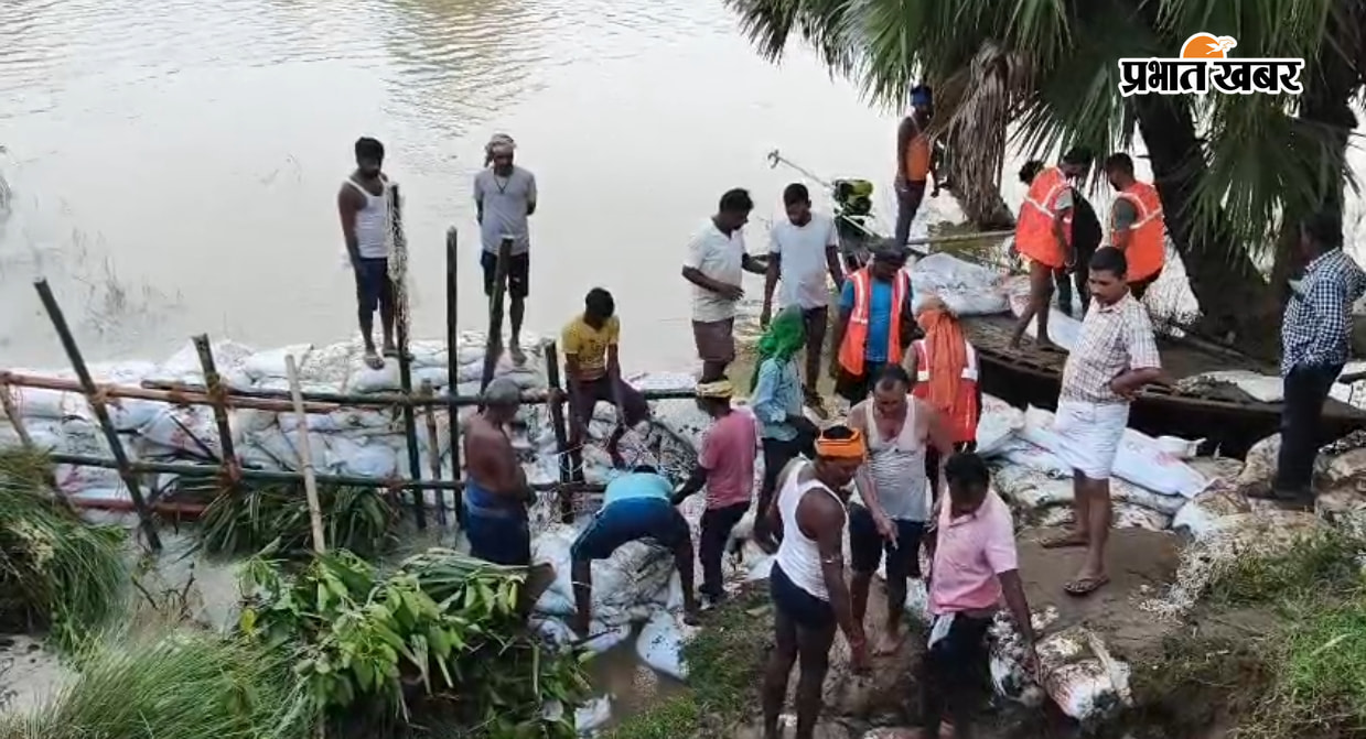 सोयवा नदी में तटबंध कटाव का मरम्मती करते लोग | Prabhat Khabar Network