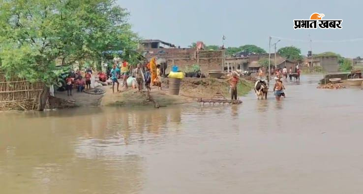 1 कमरूद्दीनपुर में ग्रामीण सड़कों पर बहती गंगा का पानी 2 कमरुद्दीनपुर में बोरा और फोम से बनाया ग्रामीणों ने सामान ढोने हेतु कामचलाऊ नाव 3 साहेबपुरकमाल के दियारा इलाके में जमा बाढ़ की पानी 4 तेघड़ा में एक बगीचा में शरण लिए पशुपालक परिवार | Prabhat Khabar Network
