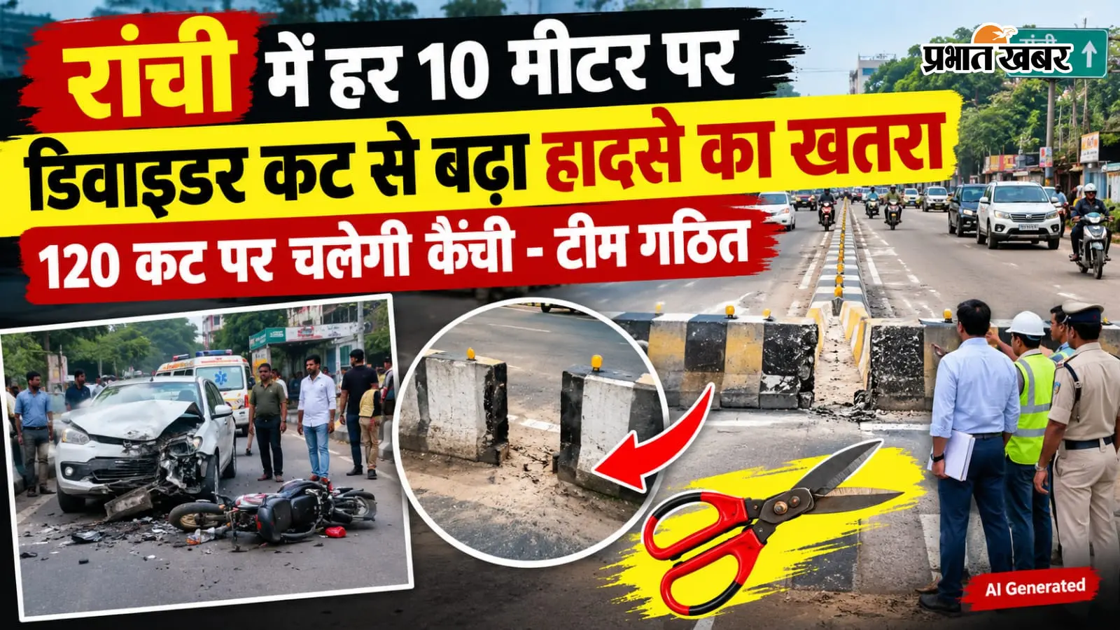 रांची में हर 10 मीटर पर डिवाइडर कट से बढ़ा हादसे का खतरा, 120 कट पर चलेगी कैंची - टीम गठित