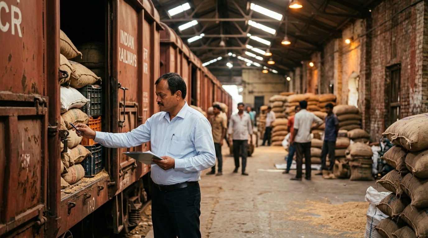 रेलवे के माल गोदाम में जांच करता अधिकारी (AI जेनरेटेड)