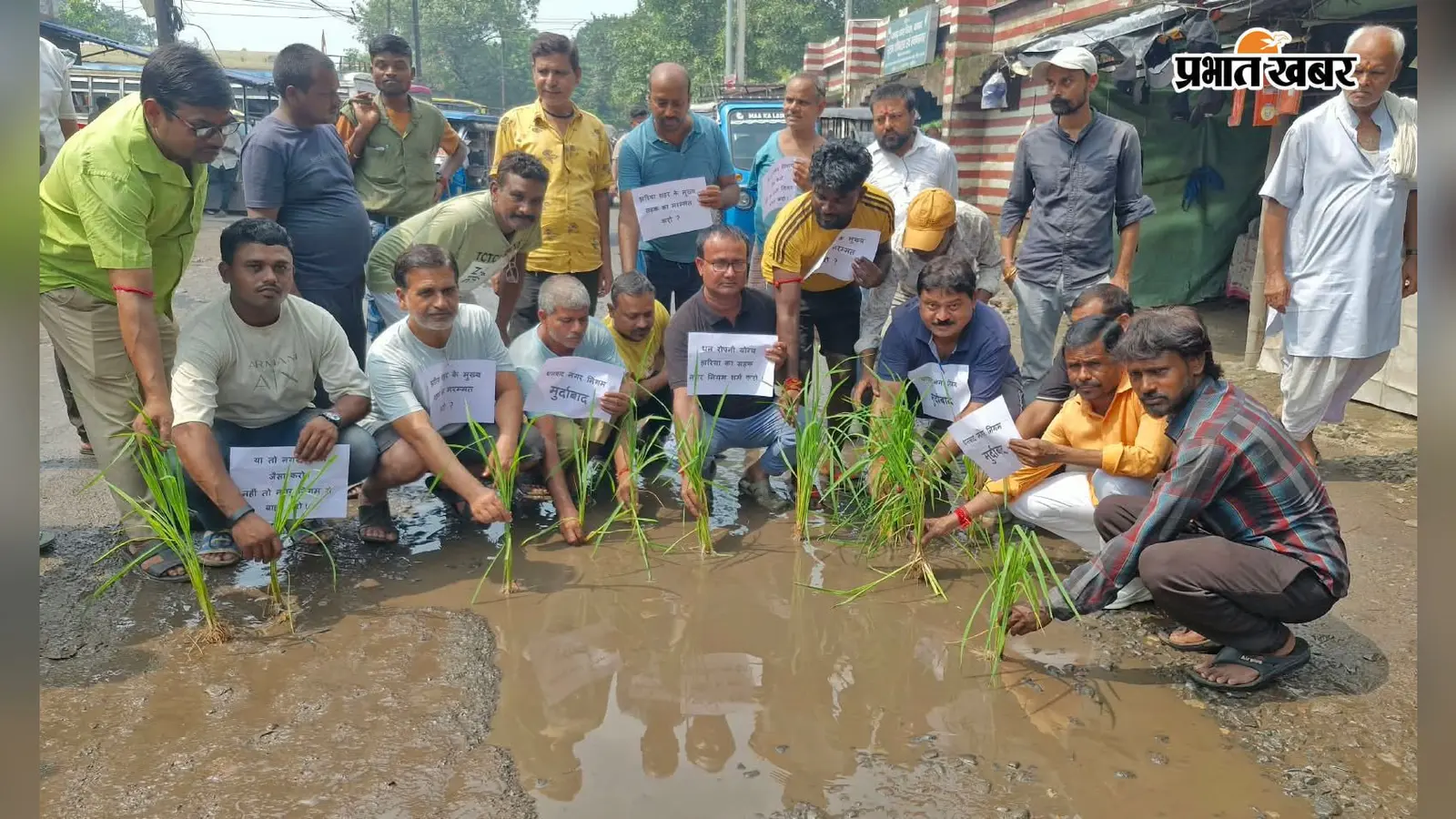 झरिया की जर्जर सड़क पर लोगों ने रोपा धान, नगर निगम के खिलाफ प्रदर्शन