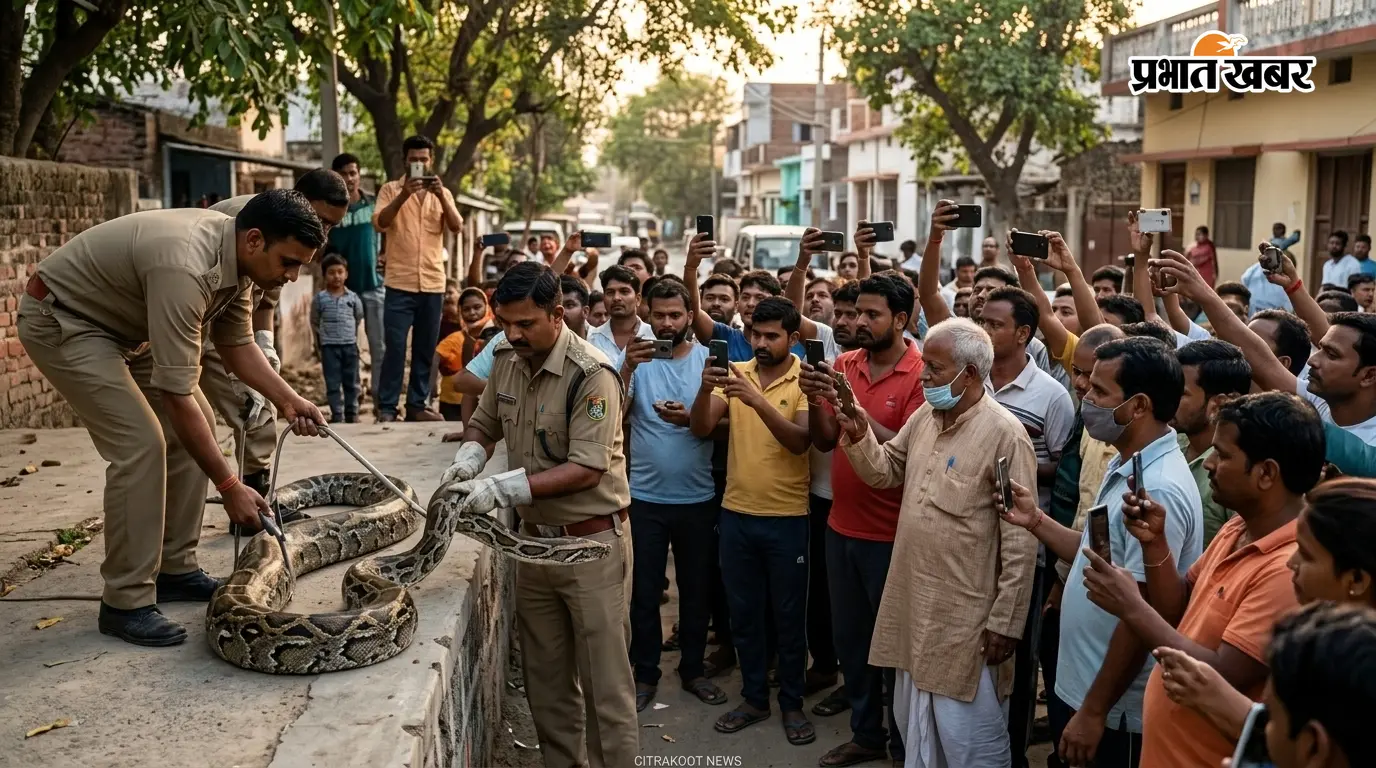 VIDEO बनाने के लिए 15 फीट के अजगर के करीब पहुंच गई भीड़, चित्रकूट के पॉश इलाके में मचा हड़कंप, वन विभाग ने किया रेस्क्यू