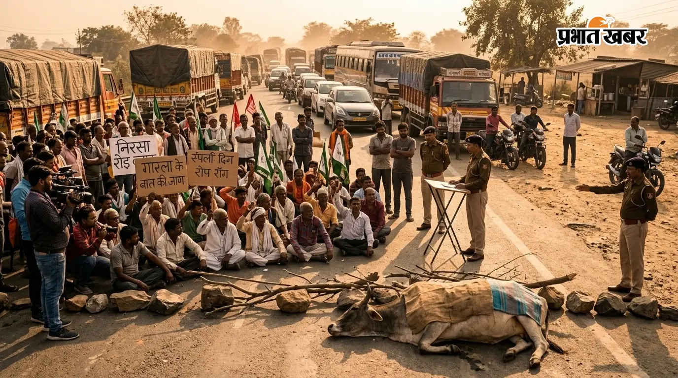 निरसा में वाहन की टक्कर से मवेशी की मौत, आक्रोशित लोगों ने एनएच जाम किया