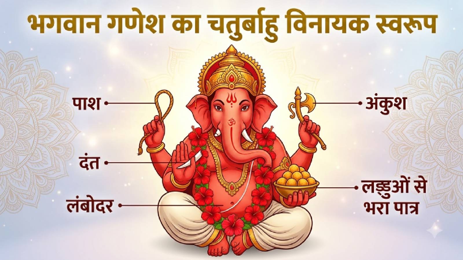 भगवान गणेश का चतुर्भुज (चार हाथ वाले) स्वरूप इंफोग्राफिक (AI Generated Image)