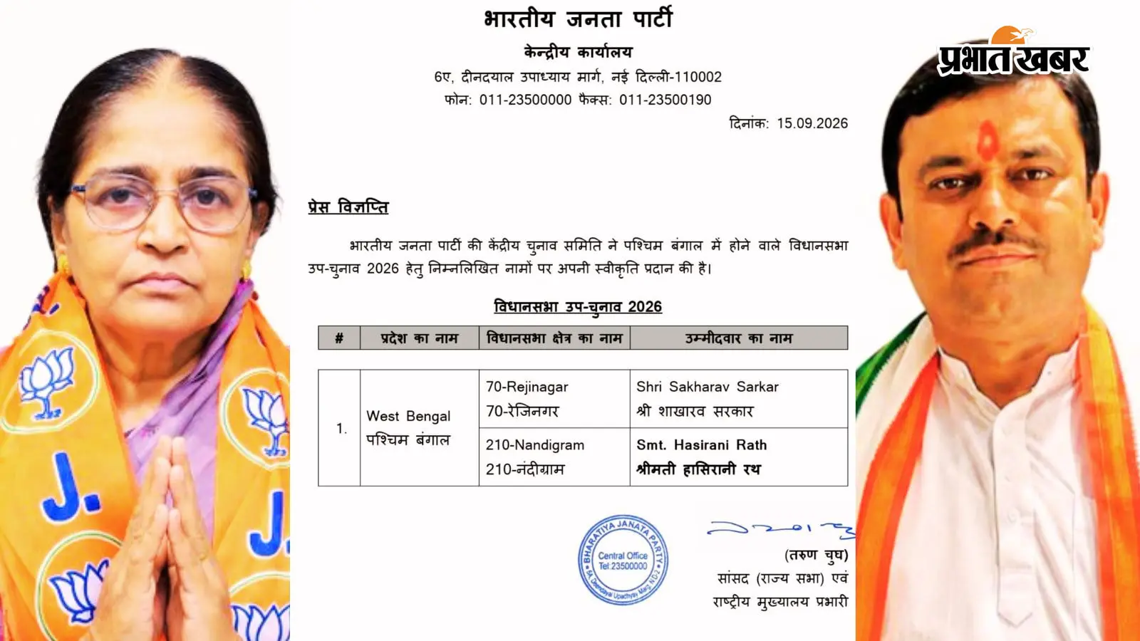 पश्चिम बंगाल उपचुनाव : नंदीग्राम से चंद्रनाथ रथ की मां हसीरानी और रेजीनगर से सखाराव सरकार भाजपा उम्मीदवार