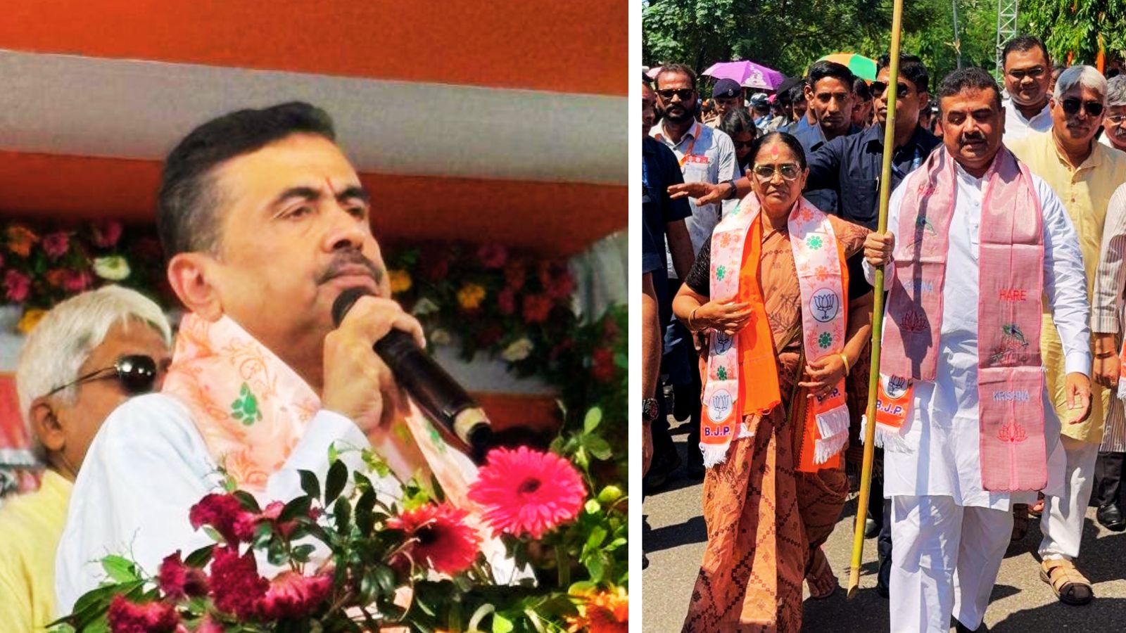 हल्दिया में जनसभा को संबोधित करते शुभेंदु अधिकारी और हसीरानी रथ के साथ पदयात्रा करते बंगाल के चीफ मिनिस्टर. फोटो : प्रभात खबर